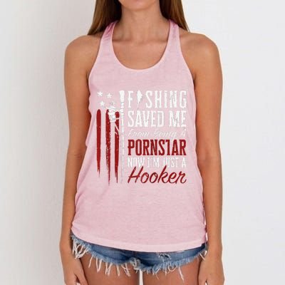 Fishing Saved Me From Being A Hooker Fisherman (On Back) Women's Knotted Racerback Tank