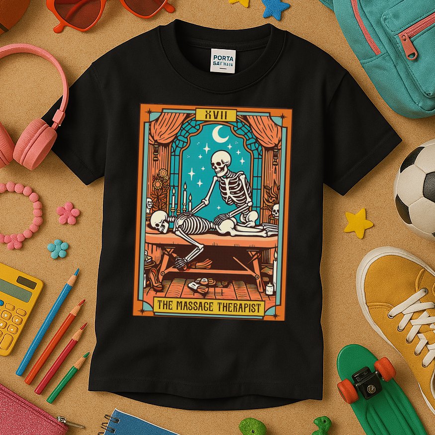 Funny Skeleton Massage Therapy Massage Therapist Tarot Card Kids T-Shirt