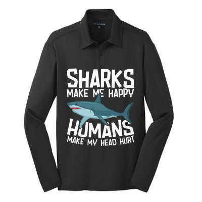 Funny Sharks Make Me Happy Marine Biology Shark Silk Touch Performance Long Sleeve Polo