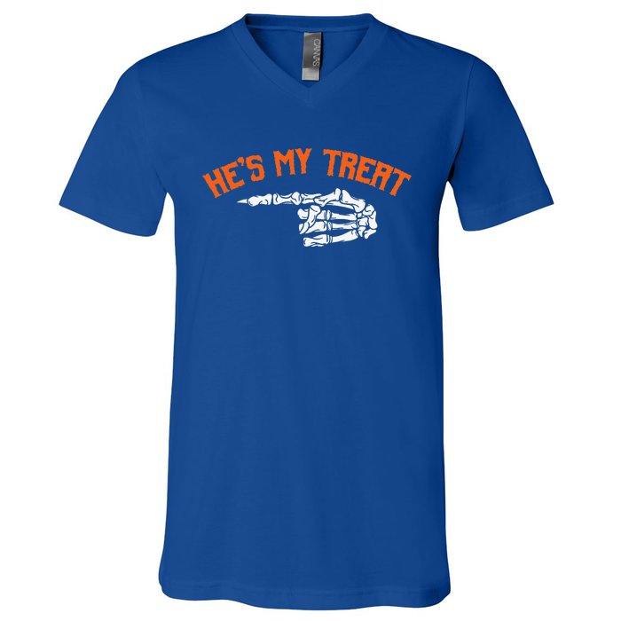 Funny Shes My Trick Hes My Treat Halloween Couple Matching Gift V-Neck T-Shirt