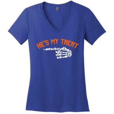 Funny Shes My Trick Hes My Treat Halloween Couple Matching Gift Women's V-Neck T-Shirt