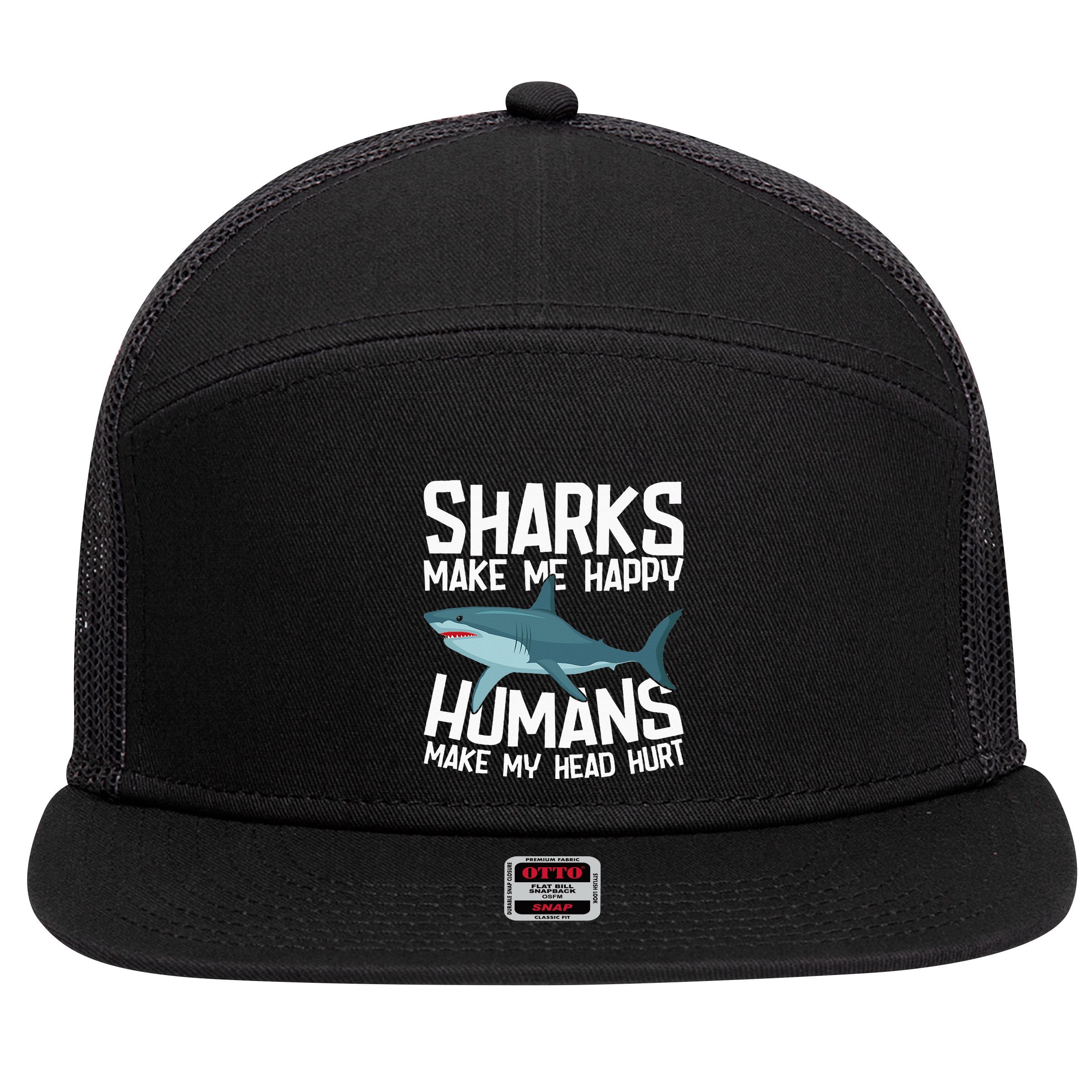 Funny Sharks Make Me Happy Marine Biology Shark 7 Panel Mesh Trucker Snapback Hat