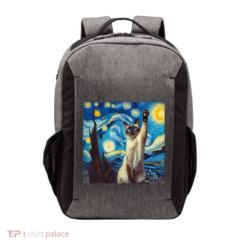 Funny Starry Night Siamese Cat Lady Vincent Van Gogh Novelty Vector Backpack