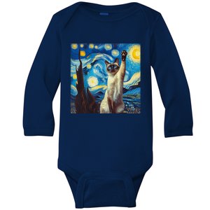 Funny Starry Night Siamese Cat Lady Vincent Van Gogh Novelty Baby Long Sleeve Bodysuit