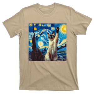 Funny Starry Night Siamese Cat Lady Vincent Van Gogh Novelty T-Shirt