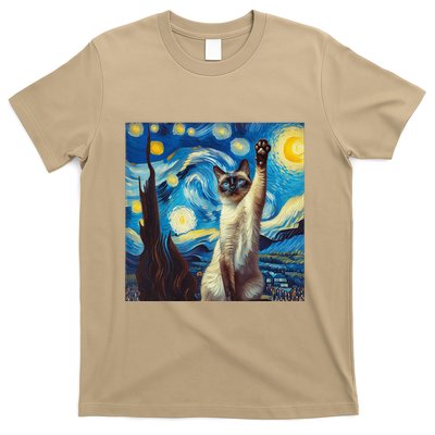 Funny Starry Night Siamese Cat Lady Vincent Van Gogh Novelty T-Shirt