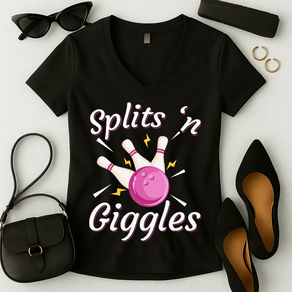 Funny Splits N Giggles Bowling Team Bowler Sports Player Women's V-Neck T-Shirt