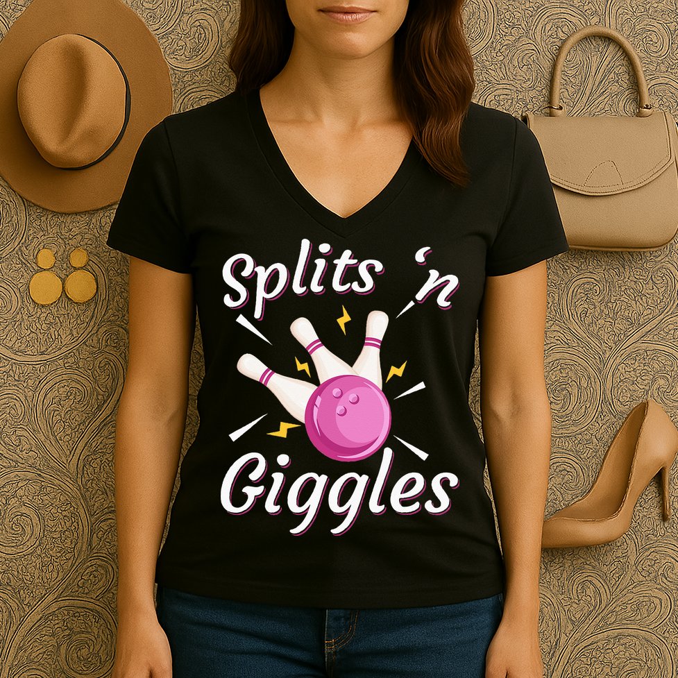 Funny Splits N Giggles Bowling Team Bowler Sports Player Women's V-Neck T-Shirt