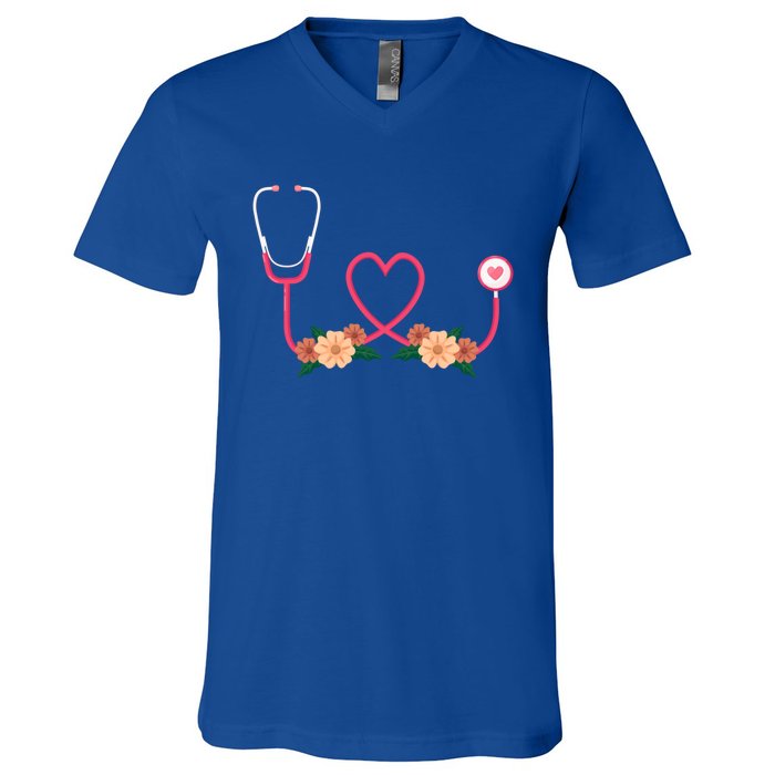 Floral Stethoscope Nurse Flower Female Doctor Cute Gift V-Neck T-Shirt