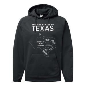 Five States Of Texas Funny Maps Of Dallas Houston Austin Performance Fleece Hoodie