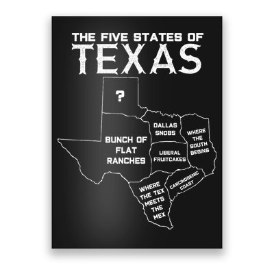Five States Of Texas Funny Maps Of Dallas Houston Austin Poster