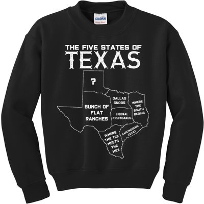 Five States Of Texas Funny Maps Of Dallas Houston Austin Kids Sweatshirt