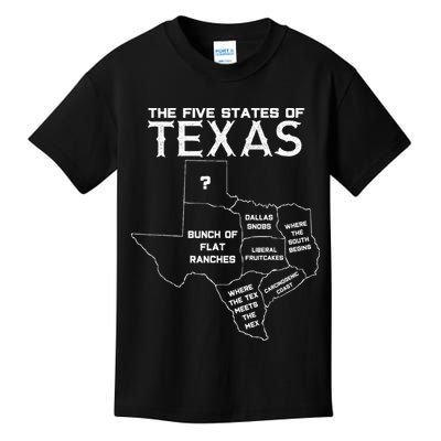 Five States Of Texas Funny Maps Of Dallas Houston Austin Kids T-Shirt