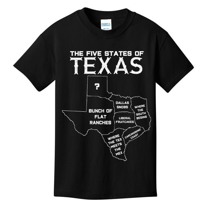 Five States Of Texas Funny Maps Of Dallas Houston Austin Kids T-Shirt