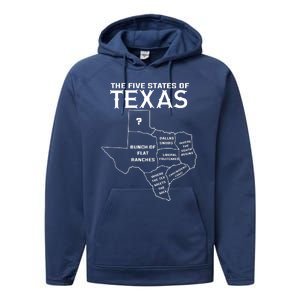 Five States Of Texas Funny Maps Of Dallas Houston Austin Performance Fleece Hoodie