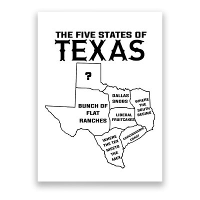 Five States Of Texas Funny Maps Of Dallas Houston Austin Poster