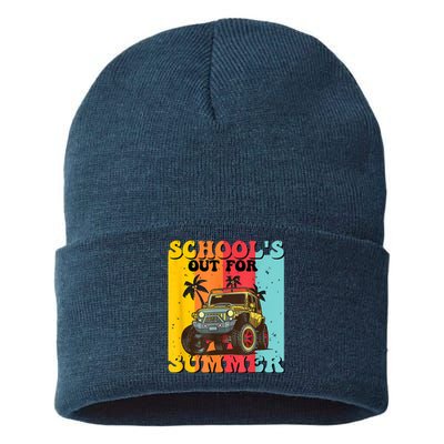 Funny Schools Out For Summer Teacher Summer Vacation Groovy Sustainable Knit Beanie