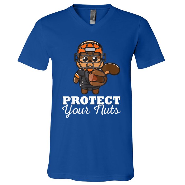 Funny Squirrel Protect Your Nuts Baseball Catcher Animal Cool Gift V-Neck T-Shirt