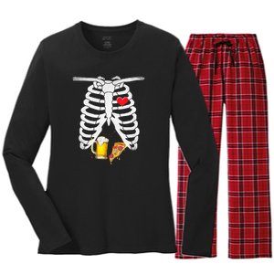 Funny Skeleton Pregnancy Pizza Beer Xray Halloween Soon Dad Gift Women's Long Sleeve Flannel Pajama Set 