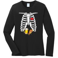 Funny Skeleton Pregnancy Pizza Beer Xray Halloween Soon Dad Gift Ladies Long Sleeve Shirt