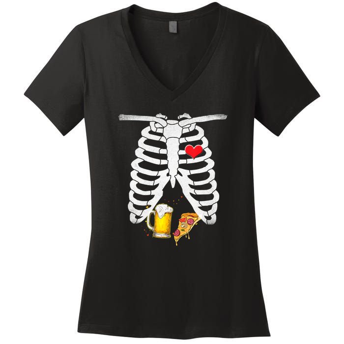 Funny Skeleton Pregnancy Pizza Beer Xray Halloween Soon Dad Gift Women's V-Neck T-Shirt