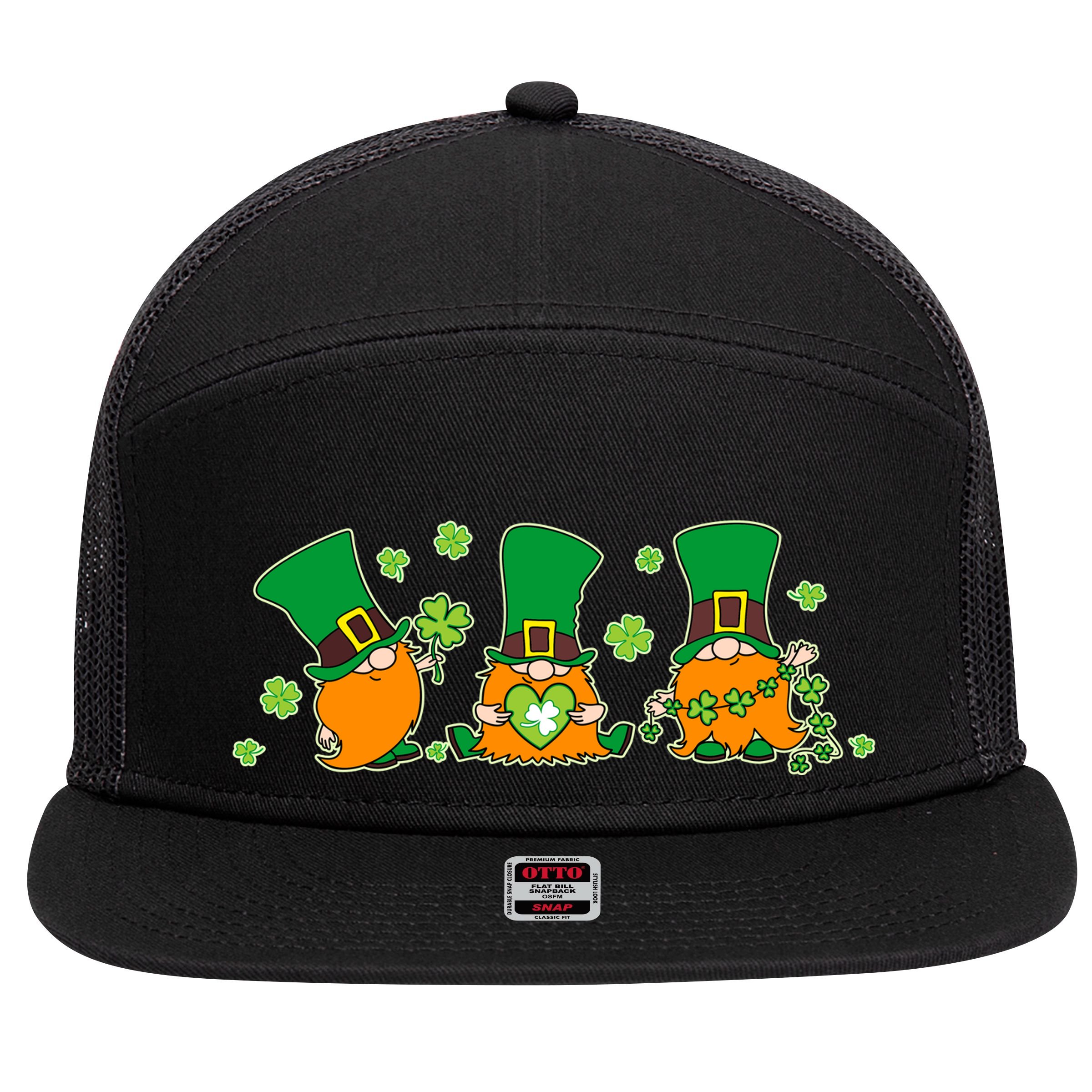 Funny St Patrick's Day Lucky Shamrocks Gnomes 7 Panel Mesh Trucker Snapback Hat