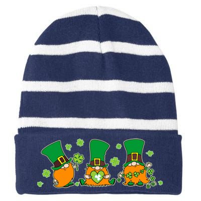 Funny St Patrick's Day Lucky Shamrocks Gnomes Striped Beanie with Solid Band