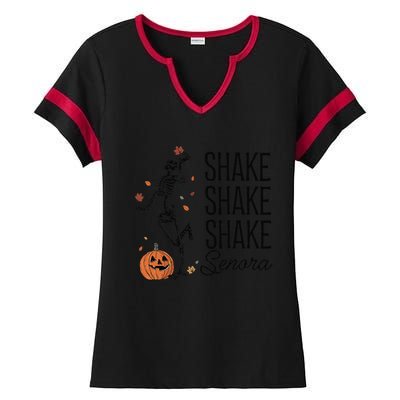 Funny Skeleton Pumkin Halloween Ladies Halftime Notch Neck Tee