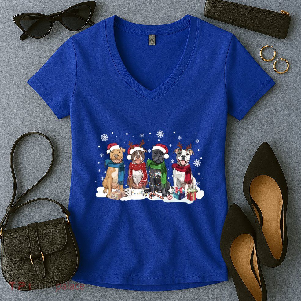 Funny Santa Pitbull Christmas Lights Pitbull Dog Lover Xmas Great Gift Women's V-Neck T-Shirt