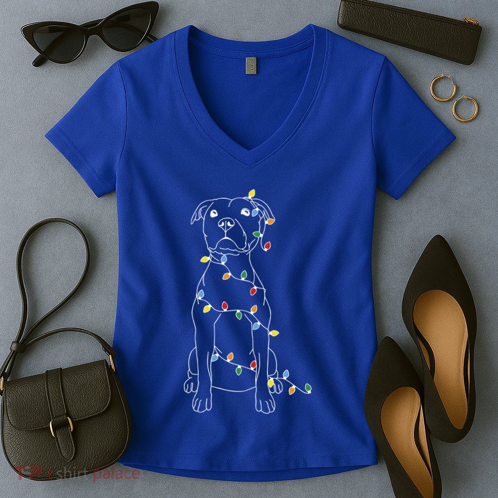 Funny Santa Pitbull Christmas Lights Pitbull Dog Lover Xmas Funny Gift Women's V-Neck T-Shirt