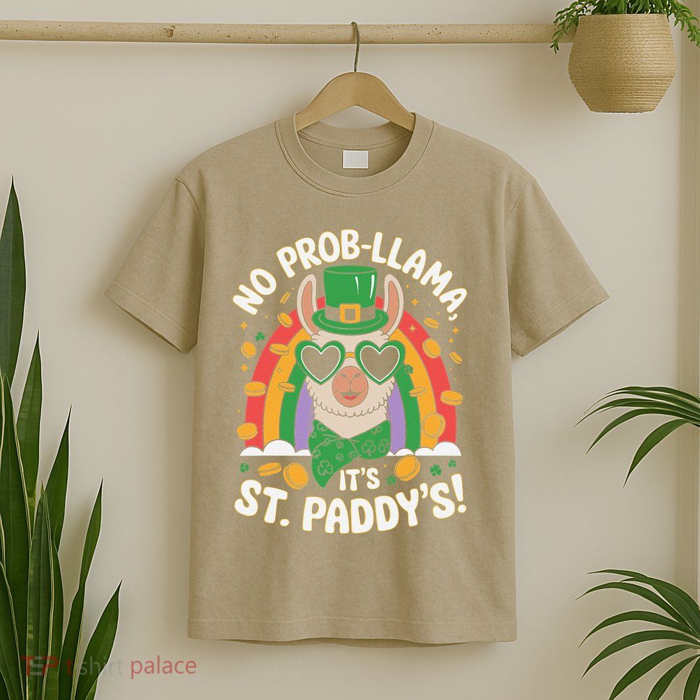 Fun St Patricks Day Llama Shamrock and Rainbow Design T-Shirt