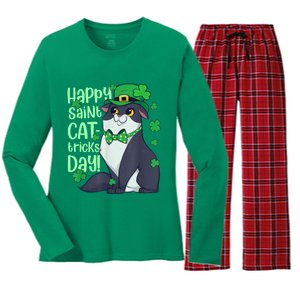 Funny St Patrick's Day Happy St Cat Tricks Day Women's Long Sleeve Flannel Pajama Set 