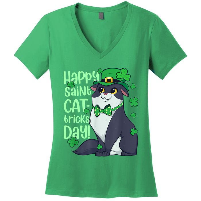 Funny St Patrick's Day Happy St Cat Tricks Day Women's V-Neck T-Shirt