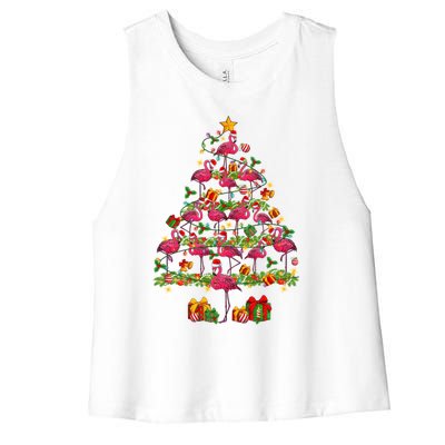 Funny Santa Pink Flamingos Christmas Tree Lights Xmas Pjs Gift Women's Racerback Cropped Tank