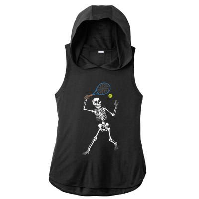 Funny Skeleton Playing Tennis Lovers Spooky Halloween Player Ladies PosiCharge Tri-Blend Wicking Draft Hoodie Tank