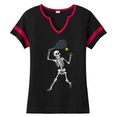 Funny Skeleton Playing Tennis Lovers Spooky Halloween Player Ladies Halftime Notch Neck Tee