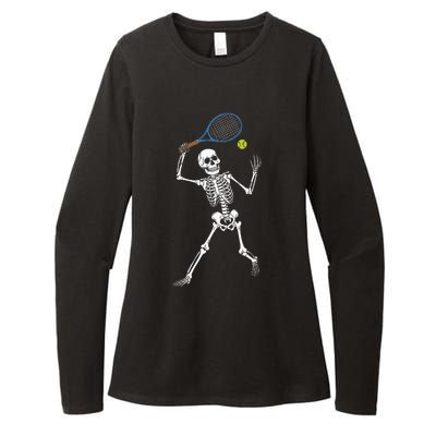 Funny Skeleton Playing Tennis Lovers Spooky Halloween Player Womens CVC Long Sleeve Shirt