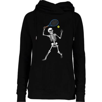 Funny Skeleton Playing Tennis Lovers Spooky Halloween Player Womens Funnel Neck Pullover Hood