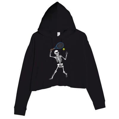 Funny Skeleton Playing Tennis Lovers Spooky Halloween Player Crop Fleece Hoodie