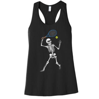 Funny Skeleton Playing Tennis Lovers Spooky Halloween Player Women's Racerback Tank