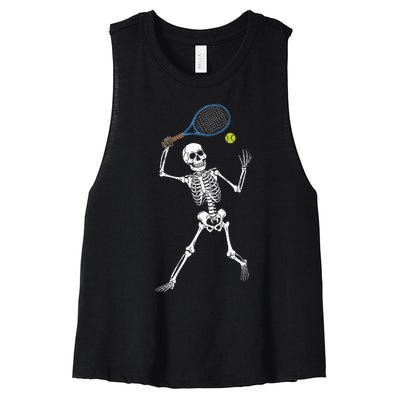 Funny Skeleton Playing Tennis Lovers Spooky Halloween Player Women's Racerback Cropped Tank