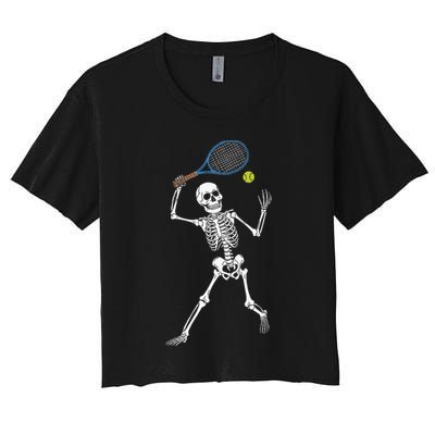 Funny Skeleton Playing Tennis Lovers Spooky Halloween Player Women's Crop Top Tee