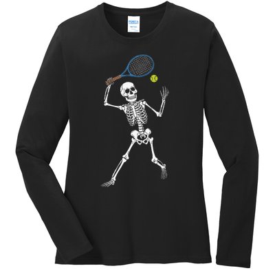 Funny Skeleton Playing Tennis Lovers Spooky Halloween Player Ladies Long Sleeve Shirt