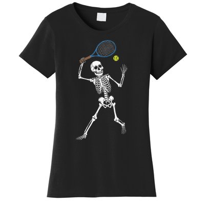 Funny Skeleton Playing Tennis Lovers Spooky Halloween Player Women's T-Shirt