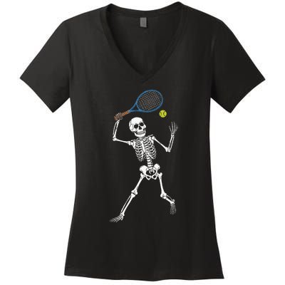 Funny Skeleton Playing Tennis Lovers Spooky Halloween Player Women's V-Neck T-Shirt