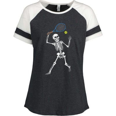 Funny Skeleton Playing Tennis Lovers Spooky Halloween Player Enza Ladies Jersey Colorblock Tee