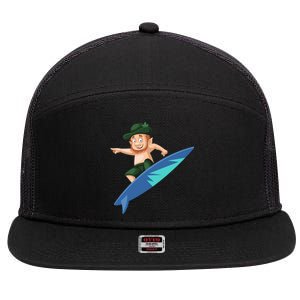 Funny St Patricks Day Surfing Leprechaun Hawaiian Leprechaun Cute Gift 7 Panel Mesh Trucker Snapback Hat