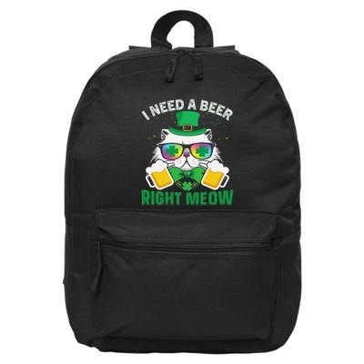 Funny St. Patricks Day Cat I Need A Beer Right Meow 16 in Basic Backpack