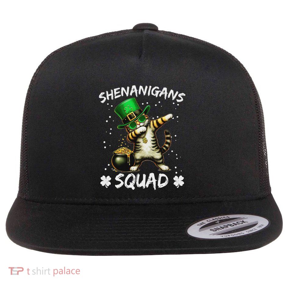 Funny St Patricks Day Dabbing Cat St Paddy Shenanigans Squad Flat Bill Trucker Hat