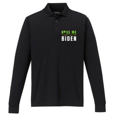 Funny St Patty's Day Kiss Me I Didn't Vote For Biden Performance Long Sleeve Polo